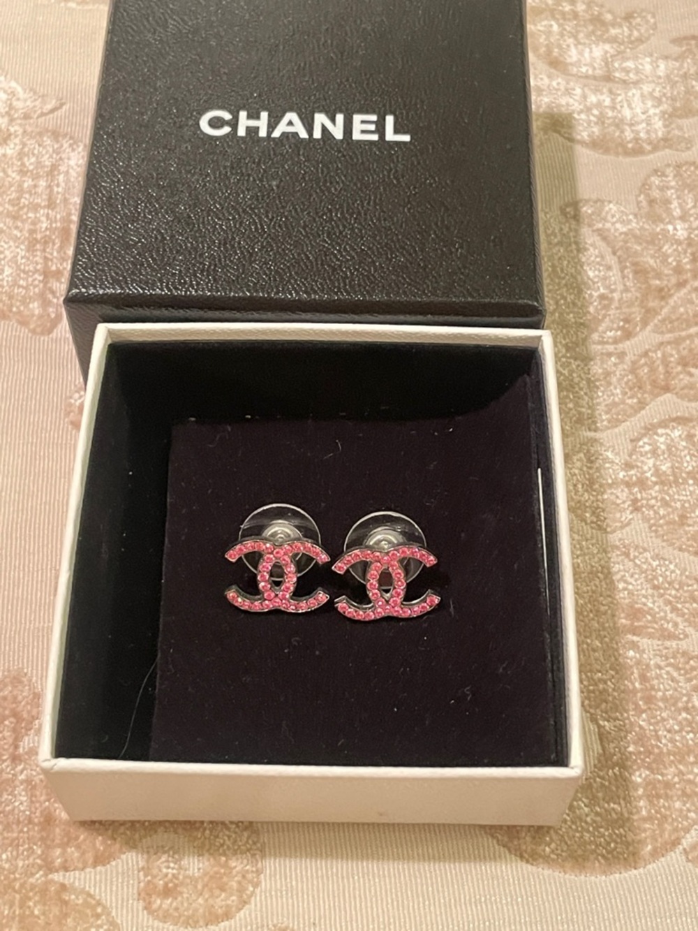 CHANEL Pink Crystal CC Logo Stud Earrings